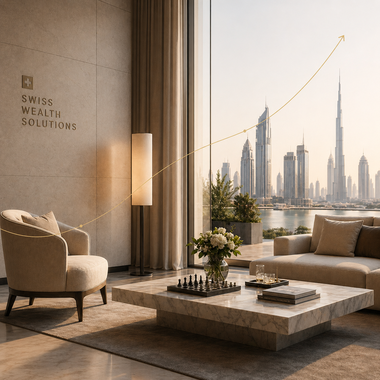 Swiss Wealth Solutions office lounge with Dubai skyline view